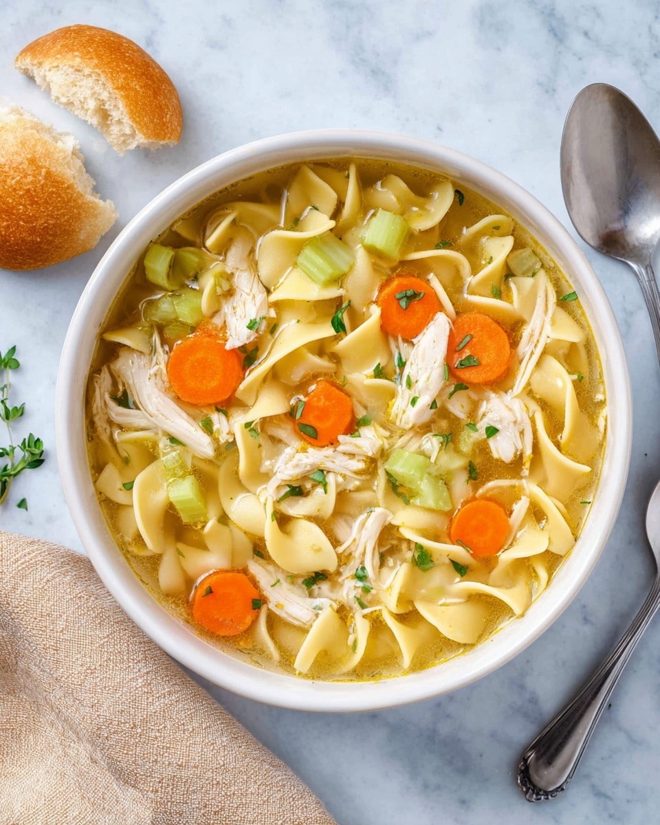 A white bowl full of chicken noodle soup sits on a white marbled surface. The soup has three main layers: the bottom broth layer is light yellow and clear, the middle layer has yellow curly egg noodles, and the top layer has pieces of light shredded chicken, round orange carrot slices, pale green celery pieces, and small green herb leaves scattered on top. Next to the bowl, there are two pieces of torn white bread and two silver spoons placed on the surface. Photo taken with an iphone --ar 4:5 --v 7