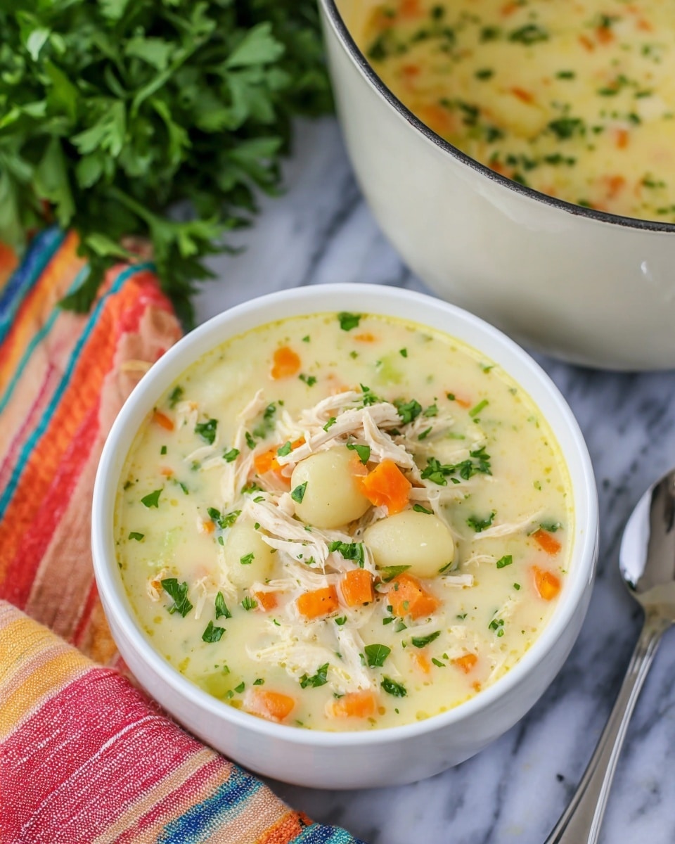 The image shows a bowl of creamy soup filled with three main layers of ingredients. The bottom layer is a yellowish creamy broth with small bits of green herbs floating in it. The middle layer consists of soft, white gnocchi pieces and small chunks of shredded chicken scattered evenly. The top layer includes small cubes of bright orange carrots and a sprinkling of finely chopped green parsley. The bowl is white and is placed on a white marbled surface. In the background, there is a white pot with the same soup, a bunch of fresh parsley, and a silver spoon. photo taken with an iphone --ar 4:5 --v 7