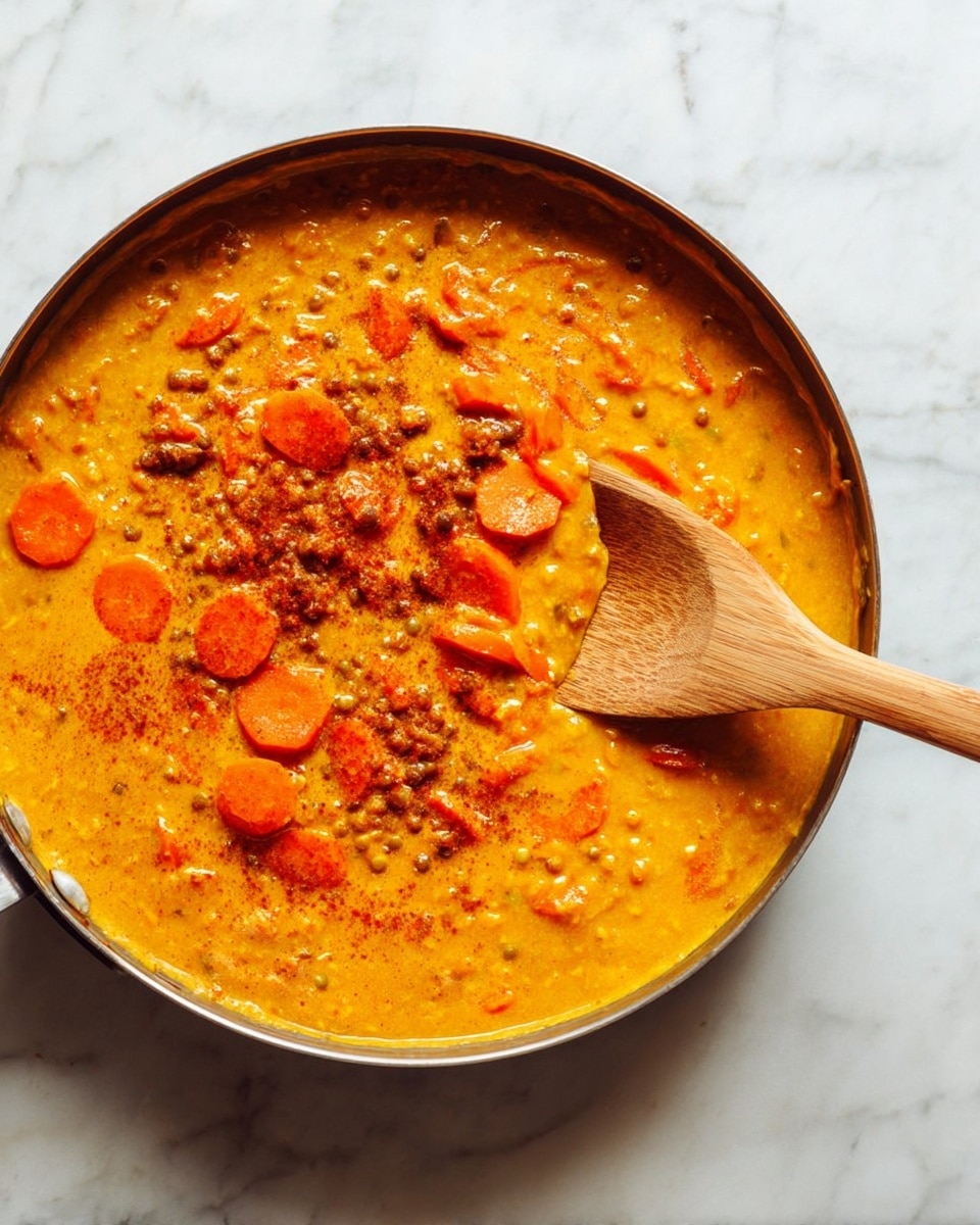 A large round pan filled with a thick, creamy mixture containing bright orange carrot slices and small chunks of yellow lentils evenly spread throughout. The dish has a warm golden-yellow color with a light brown spice powder sprinkled over the top in small clusters. A wooden spoon with a light tan handle is resting inside the pan, partially submerged in the mixture. The pan sits on a white marbled surface, giving a clean and simple background. photo taken with an iphone --ar 4:5 --v 7