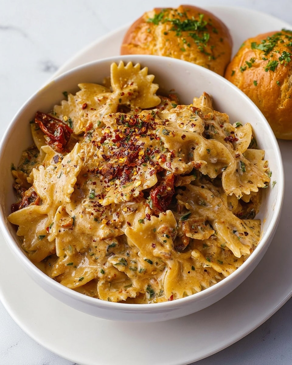 A white bowl filled with creamy pasta that has multiple layers of bow-tie and short tube shapes mixed together. The pasta is covered in a thick yellow-orange sauce speckled with finely ground black pepper and small red flakes. Bits of fresh green herbs are sprinkled on top, adding a touch of color contrast. The dish sits on a white marbled surface. photo taken with an iphone --ar 4:5 --v 7