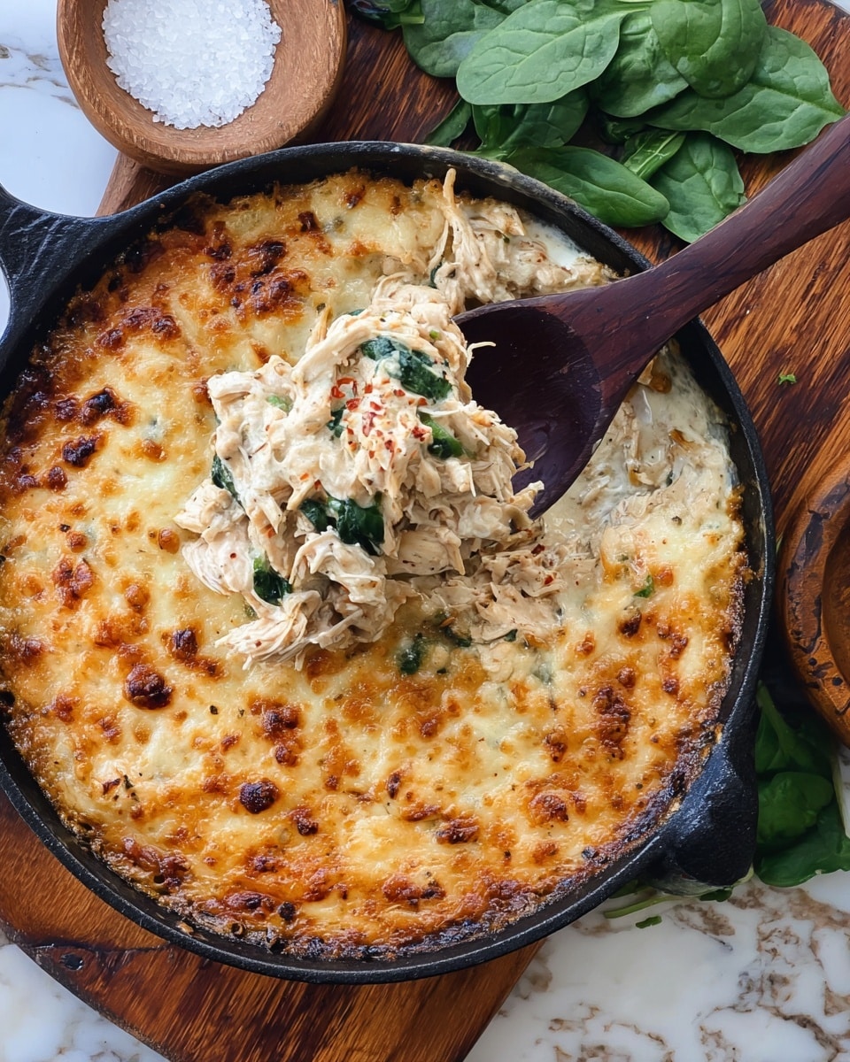 The image shows a round, golden-brown baked dish in a black cast-iron skillet on a wooden board over a white marbled surface. The dish has a thick top layer of melted cheese, browned in places with a bubbly texture. Beneath the cheese, there are visible bits of herbs and small pieces of red ingredients mixed into a creamy, pale base. The edges are slightly crispy and darker brown. To the right, there is a small brown bowl with white salt and another bowl holding flat, thin crisp items. Photo taken with an iphone --ar 4:5 --v 7