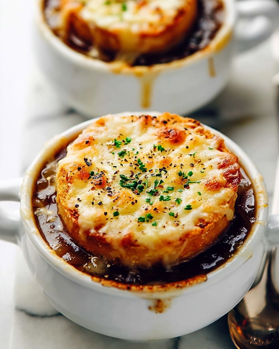 The image shows white mugs filled with dark brown onion soup topped with a round slice of toasted bread covered in melted golden cheese with a slightly bubbly texture. The cheese is dotted with tiny brown spots from baking, and fresh green herbs are scattered on top for garnish. The soups include visible small neutral-colored chunks of cooked onion beneath the bread. The mugs sit on a surface with a white marbled texture, and a silver spoon is placed beside them. photo taken with an iphone --ar 4:5 --v 7