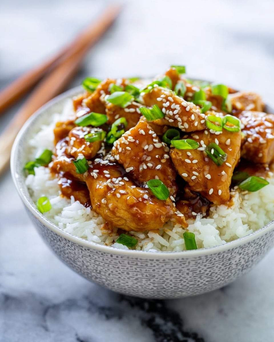 A bowl filled with a base layer of fluffy white rice, topped with several pieces of glossy, brown glazed chicken arranged in the center. The chicken pieces are covered with a shiny sauce and sprinkled with white sesame seeds and small chopped green onions. The bowl is white with a subtle cracked pattern, placed on a white marbled surface with chopsticks resting in the background. photo taken with an iphone --ar 4:5 --v 7