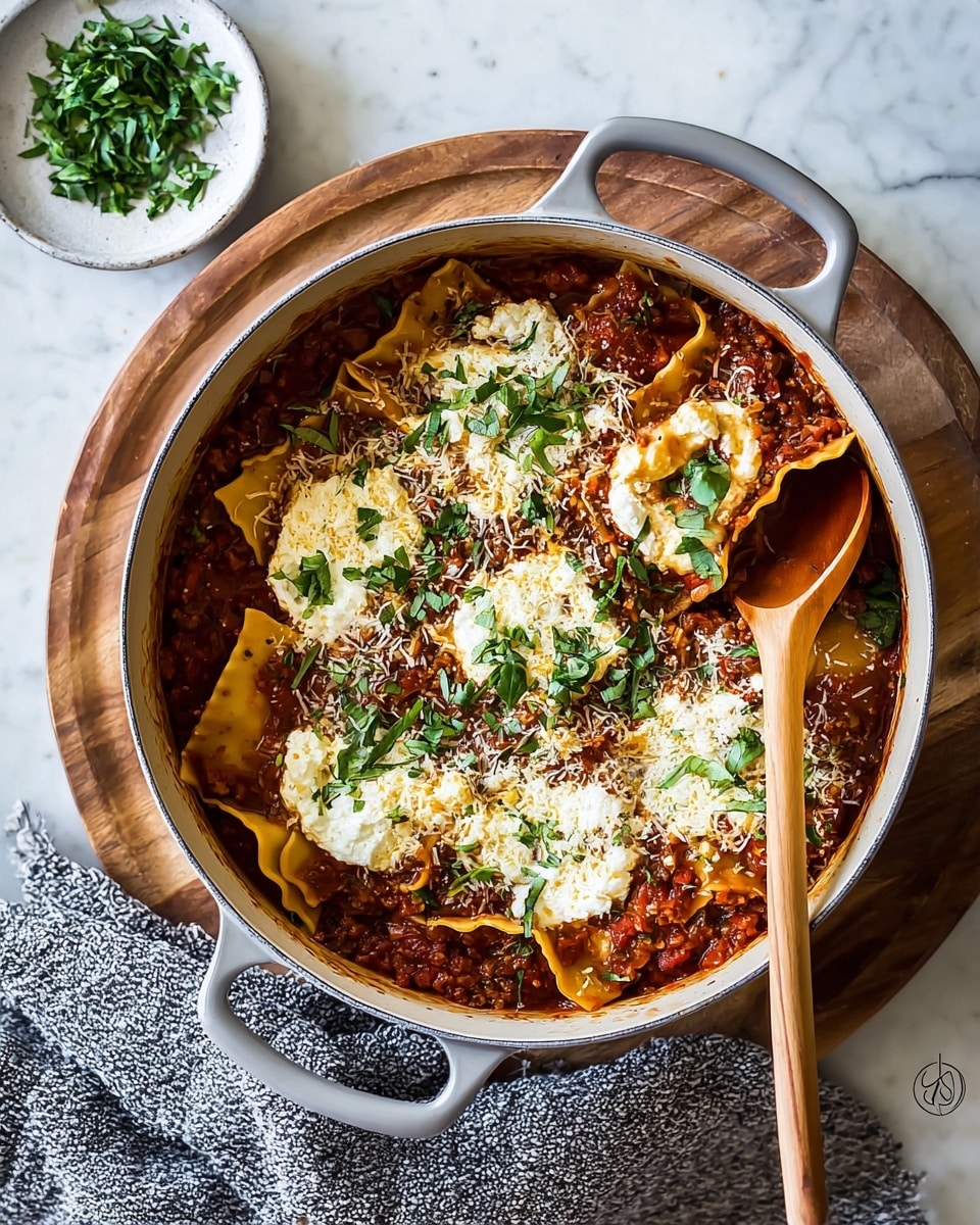 The image shows a white pan filled with cooked lasagna layers standing in tomato sauce and ground meat filling. On top, there are four large dollops of white creamy cheese and some shredded cheese sprinkled over, with green chopped herbs spread on the cheese, adding color contrast. A wooden spoon rests inside the pan on the left side, touching one lasagna piece partly submerged in the sauce. The pan sits on a round dark brown wooden board, all set on a white marbled surface. Nearby, there is a small white plate with fresh chopped herbs and a piece of textured cloth beside it. Photo taken with an iphone --ar 4:5 --v 7