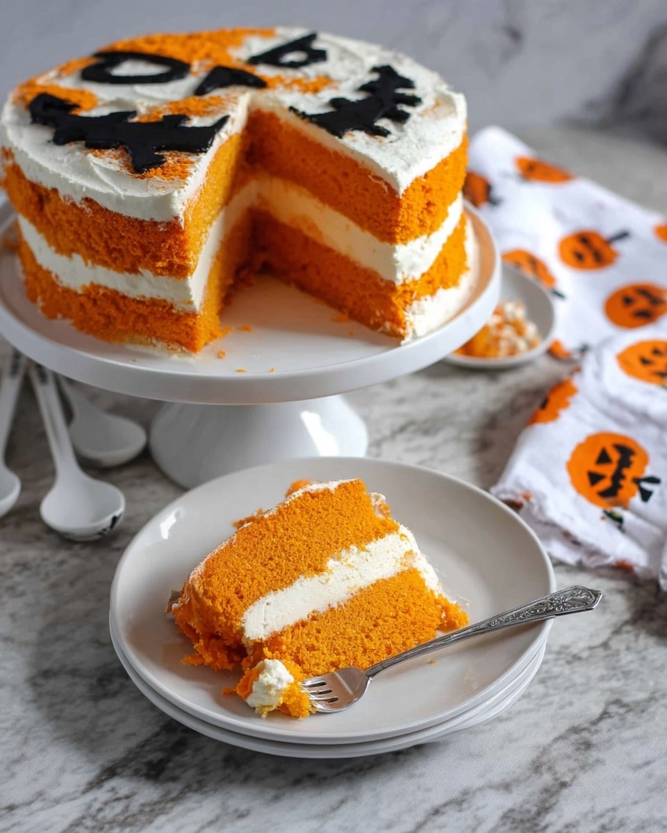 A tall stack of three bright orange pancake layers sits on a white marbled surface, each pancake thick and fluffy with a smooth texture. The top pancake features a bold black Jack-o'-lantern face, with sharp, swirly eyebrows and triangular eyes, a small nose, and a wide mouth with jagged teeth that cover most of the pancake's surface. Between each pancake is a layer of white cream, thick and evenly spread, visible around the edges. The stack is photographed from above, showing the playful Halloween design on the top clearly. Photo taken with an iphone --ar 4:5 --v 7