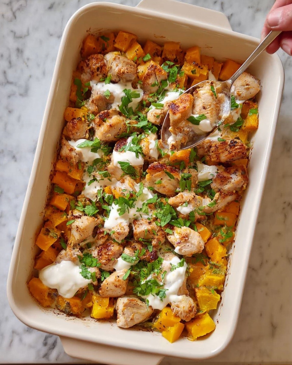 A white rectangular baking dish filled with a layered baked meal showing tender golden brown meat pieces scattered on top. Below the meat are bright orange chunks of cooked squash mixed with rice and small bits of herbs. Dollops of white cream are placed on some meat pieces, sprinkled lightly with black pepper. Fresh green chopped herbs are sprinkled evenly over the dish. A fork is scooping a portion from the right side, lifting meat and squash. The dish is set on a wooden table with a small white bowl and a blue cloth nearby, all on a white marbled surface. Photo taken with an iphone --ar 4:5 --v 7