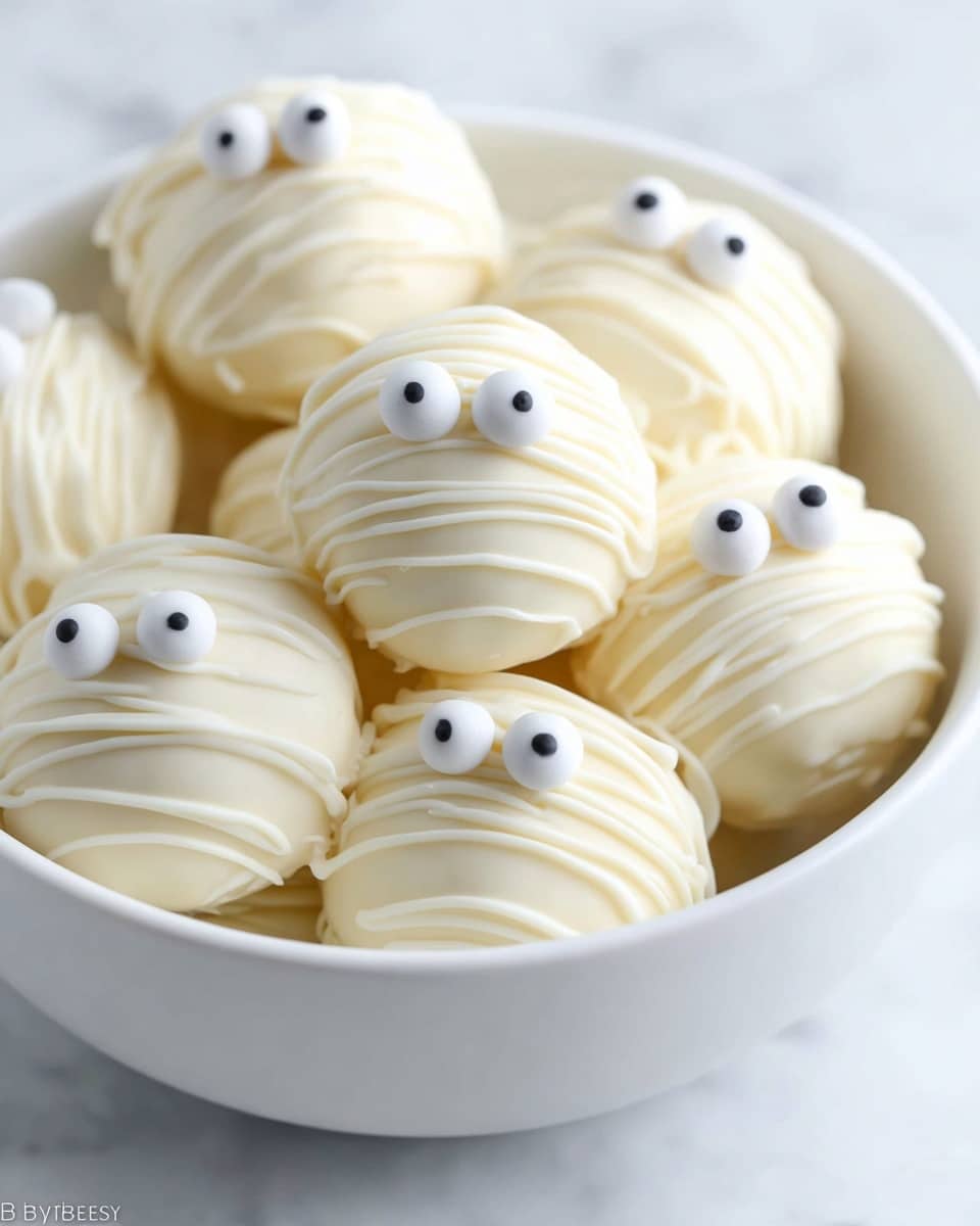 A close-up view of round white chocolate balls in a white bowl, each ball layered with smooth white chocolate and drizzled with thin lines of white chocolate to create texture. On top of each ball, there are two small round white candy eyes with black centers placed close together, giving a playful look. The background shows a white marbled surface, enhancing the creamy whiteness of the chocolate balls. photo taken with an iphone --ar 4:5 --v 7