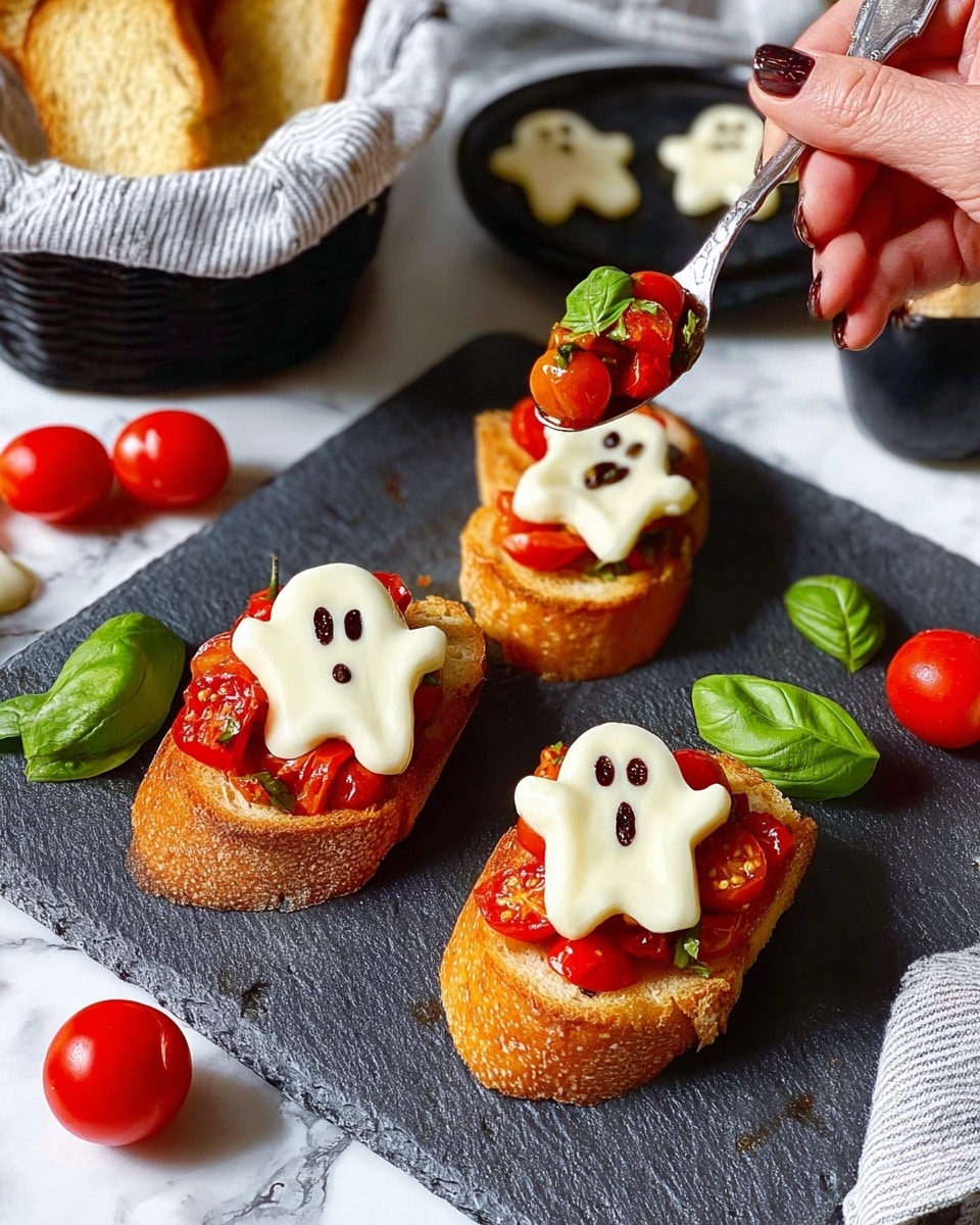 The image shows three pieces of toasted bread on a dark board placed over a white marbled surface. Each toast has three layers: the bottom layer is golden-brown toasted bread, the middle layer is red cherry tomato pieces mixed with green basil strips, and the top layer is a white ghost-shaped cheese slice with dark eyes and mouth details. Around the toasts are fresh red cherry tomatoes and green basil leaves. A woman's hand is using a spoon to add more cherry tomatoes onto a slice of toasted bread. There is a white basket with toasted bread slices and a small black bowl with extra ghost-shaped cheese slices in the background. Photo taken with an iphone --ar 4:5 --v 7