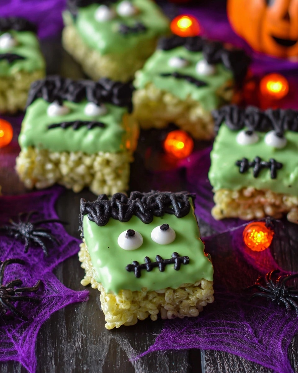 The image shows rectangular green treats that look like small square cakes or crispy bars. Each has two candy eyes near the top center, with thick black frosting above for hair in an uneven, textured shape extending across the top edge. Below the eyes, black frosting is piped in short, straight lines crossing a horizontal line to resemble a stitched mouth. The treats rest on a dark surface with purple spider web fabric and small orange pumpkin-shaped fairy lights around them, creating a Halloween theme. Photo taken with an iphone --ar 4:5 --v 7