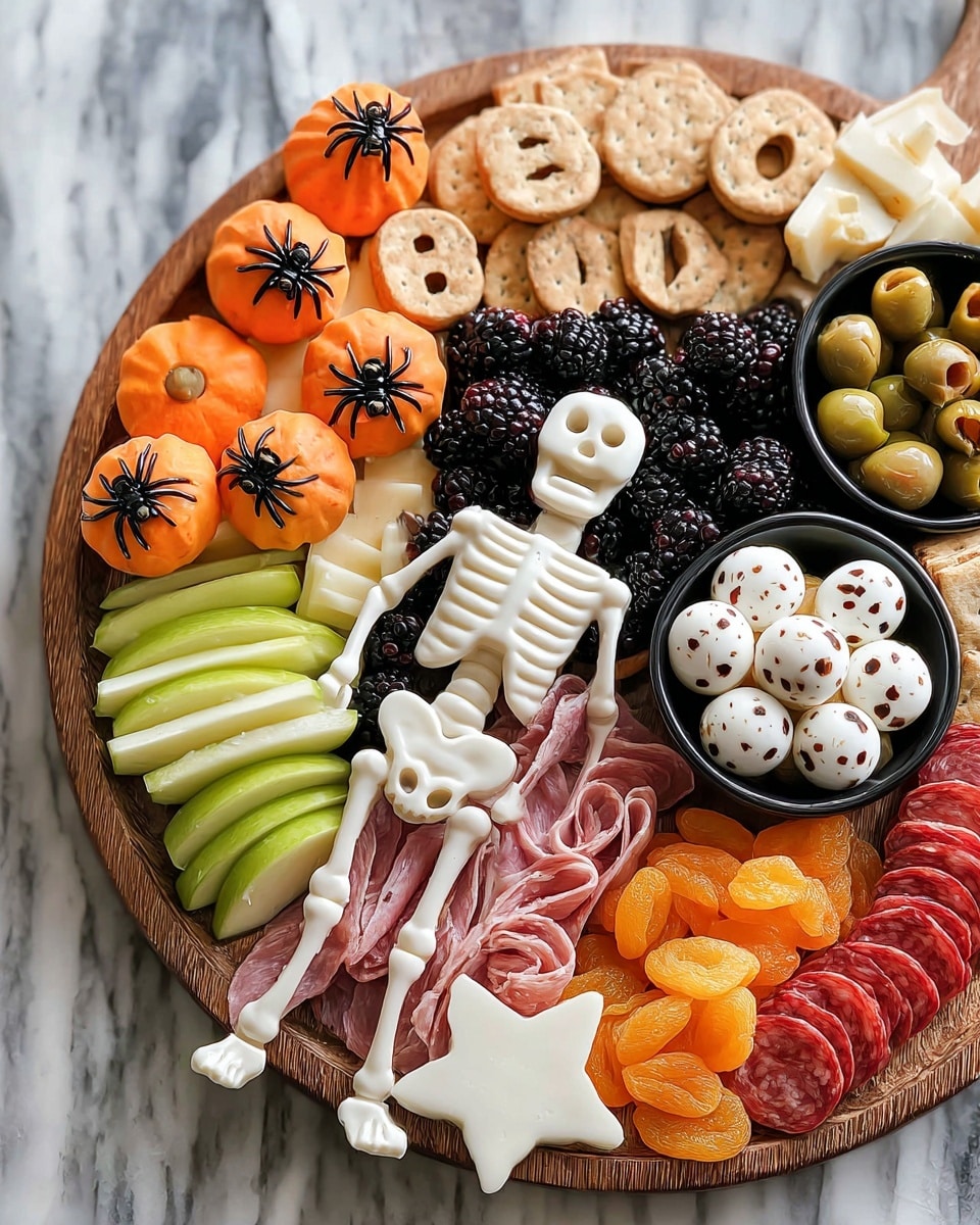 The image shows a round wooden board arranged with a fun Halloween-themed snack. In the center, there is a white skeleton figure made from plastic or edible material lying flat. On the skeleton’s chest, pink rolled slices of ham or prosciutto create a layered look of tightly rolled tubes. To the right side of the skeleton, there is a stack of light brown crackers and orange dried apricot slices arranged in neat piles. On the far right edge, there is a black bowl with white mozzarella balls topped with small black dots to look like eyes. On the skeleton’s left around, are bright orange pumpkin-shaped cheese slices styled with a few small black plastic spiders and beige cookies spelling “BOO” laid over the cheese. Below the pumpkin cheese, dark and shiny blackberries form a thick cluster. Above the skeleton’s head, a neat fan of green apple slices forms a half circle. Black olives sit near the skeleton’s lower body, alongside thin curtains of red salami slices. There is also a star-shaped white cheese piece near the skeleton’s ribs. The whole board sits on a white marbled surface with white miniature pumpkins nearby. Photo taken with an iphone --ar 4:5 --v 7