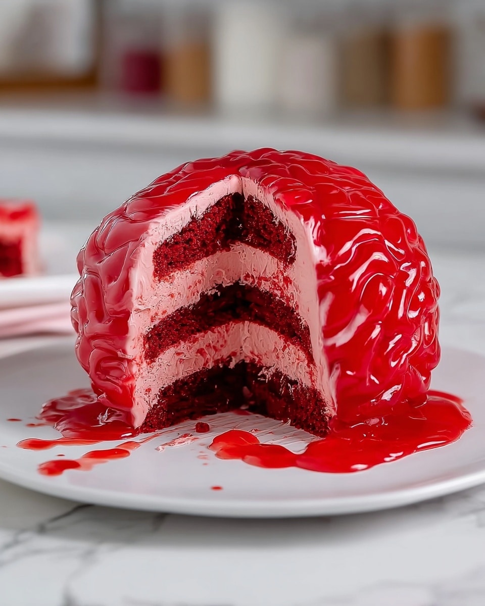 The image shows a brain-shaped cake placed on a white plate on a white marbled surface. The cake has three layers of dark red sponge separated by two layers of light pink frosting. The outside of the cake is covered with shiny, thick red glaze shaped like brain folds, with some glaze dripping onto the plate. The background is a soft focus kitchen setting. photo taken with an iphone --ar 4:5 --v 7