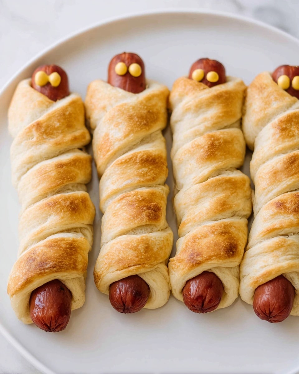 Four sausage rolls are placed side by side on a smooth white marbled surface. Each sausage is wrapped with thin, golden brown dough strips that spiral around from the top to the bottom, leaving parts of the reddish-brown sausage visible between the layers. On the exposed upper part of each sausage, two small dots of yellow mustard are placed to look like eyes. The dough looks soft with a slightly crispy texture and an even light golden color on top. The arrangement is neat and each roll is similar in shape and size. Photo taken with an iphone --ar 4:5 --v 7