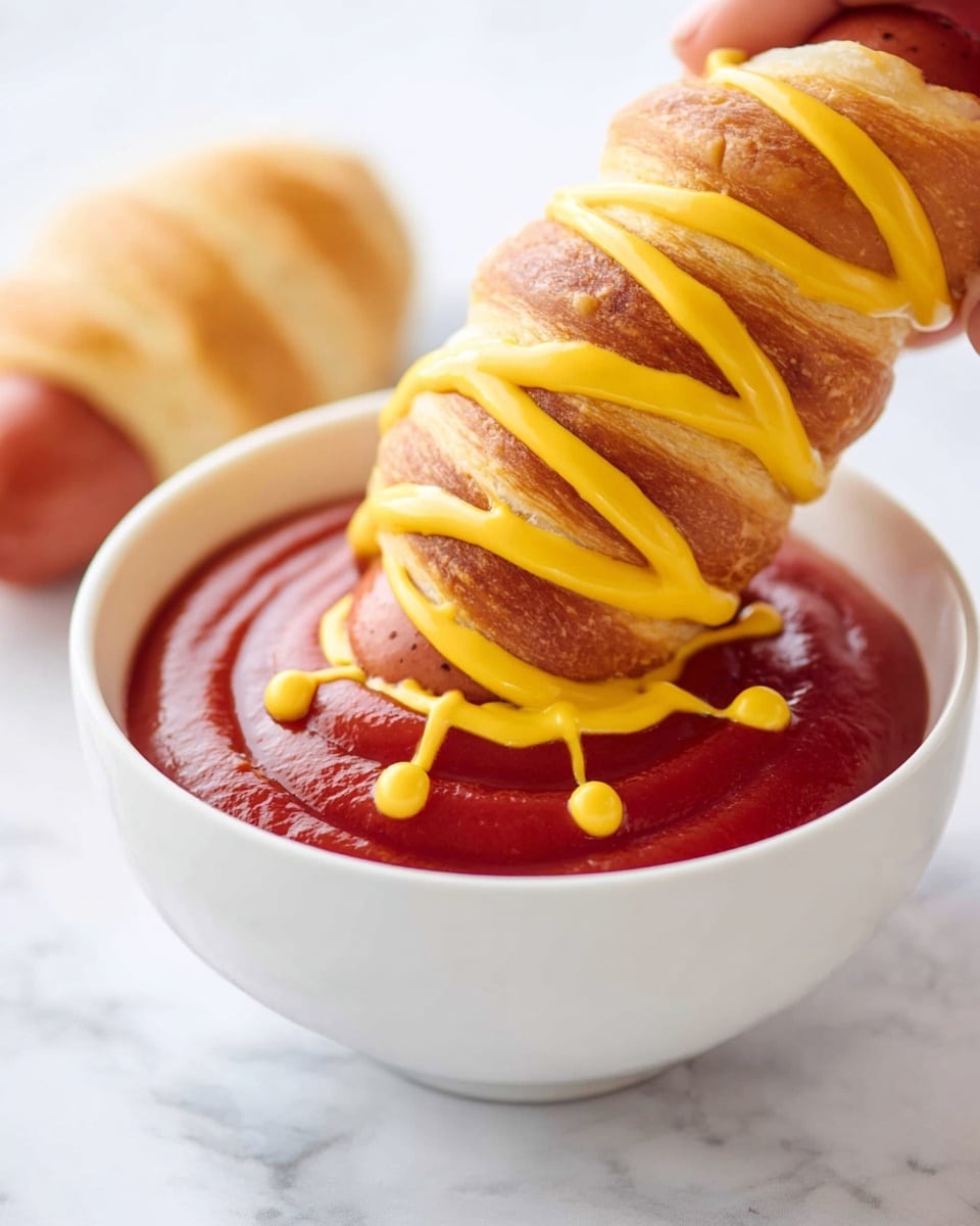 A curled sausage wrapped in light golden dough is held by a woman's hand above a white bowl filled with smooth red ketchup. On the ketchup surface, there is a spider web pattern made with yellow mustard. The background is a white marbled texture with part of the sausage dough and small round dough pieces visible on the surface. photo taken with an iphone --ar 4:5 --v 7