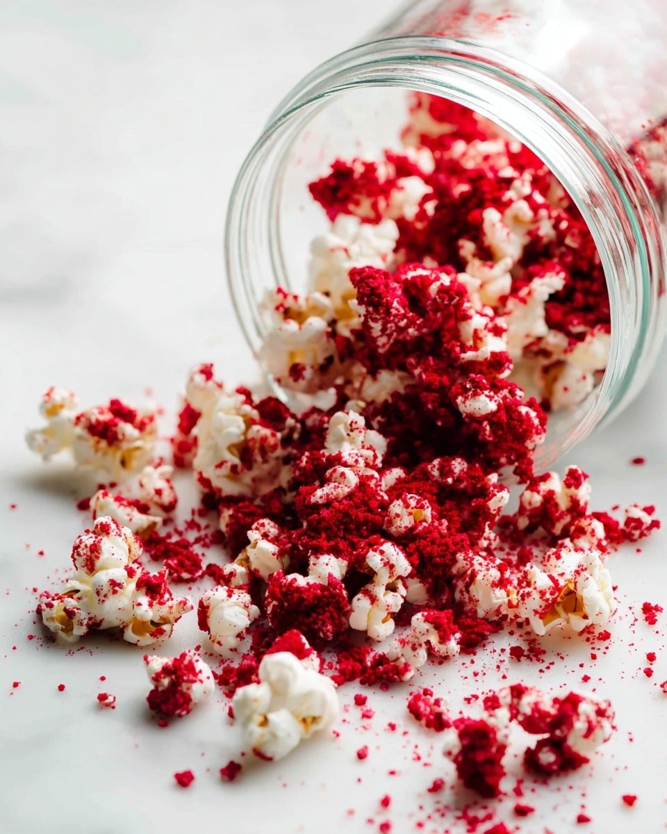 A clear glass jar lies on its side on a white marbled surface, spilling out white popcorn pieces covered lightly with bright red crumbs. The popcorn is scattered in a loose pile that spreads from the jar's opening, with some pieces more heavily coated in red crumbs than others. The texture contrast between the fluffy popcorn and the crumbly red topping is clear, and the lighting creates soft shadows, highlighting the bright colors. photo taken with an iphone --ar 4:5 --v 7