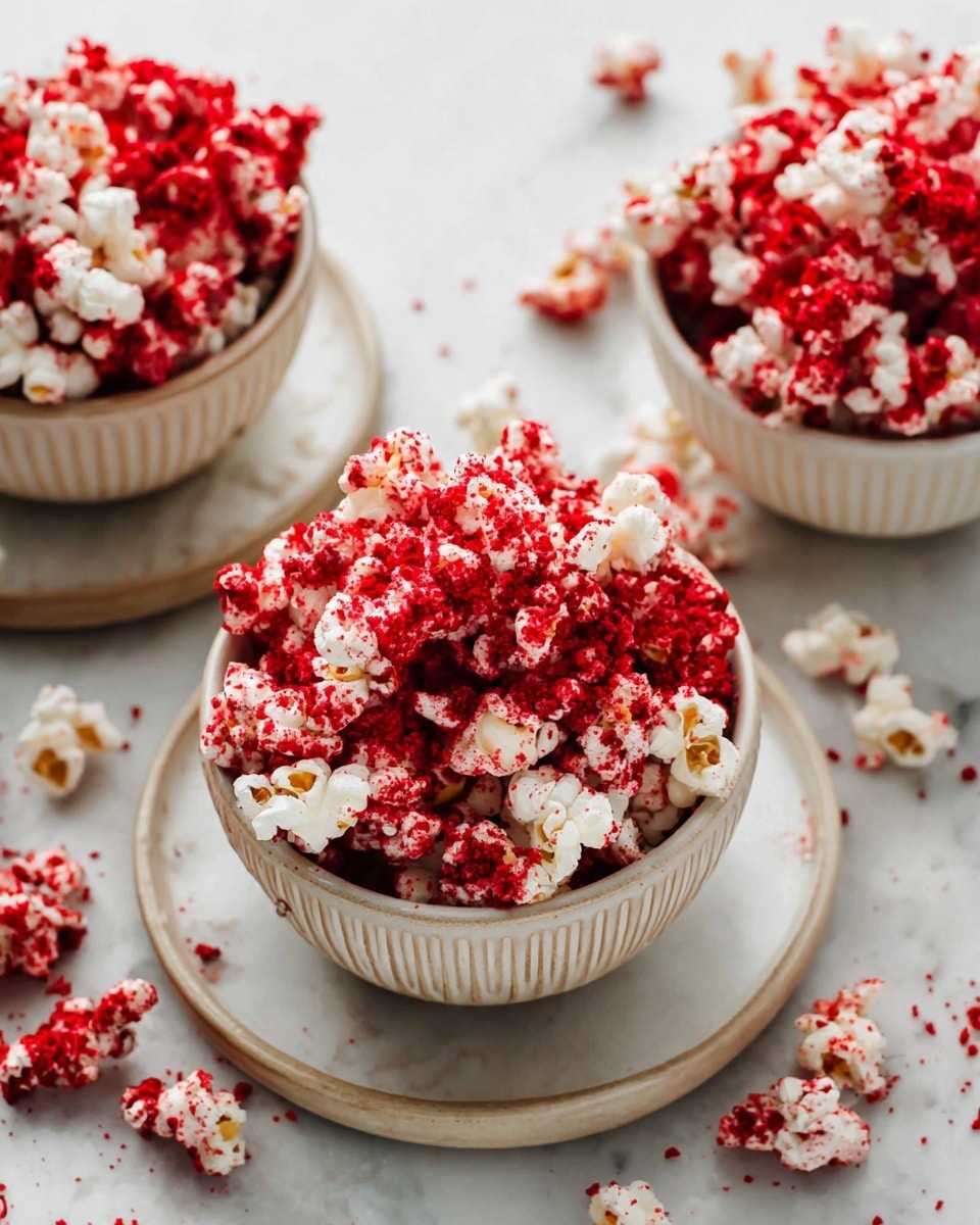 The image shows three white bowls filled with popcorn covered in bright red crumbs. Each bowl is full, with fluffy white popcorn pieces dusted evenly with the red crumb layer. The bowls are placed on a white marbled surface, and some popcorn pieces and crumbs are scattered around them. The bowl in the center sits on a larger white plate with a ridged edge, adding texture to the scene. The colors mainly are a contrast of white popcorn and red crumbs, creating a striking look. Photo taken with an iphone --ar 4:5 --v 7