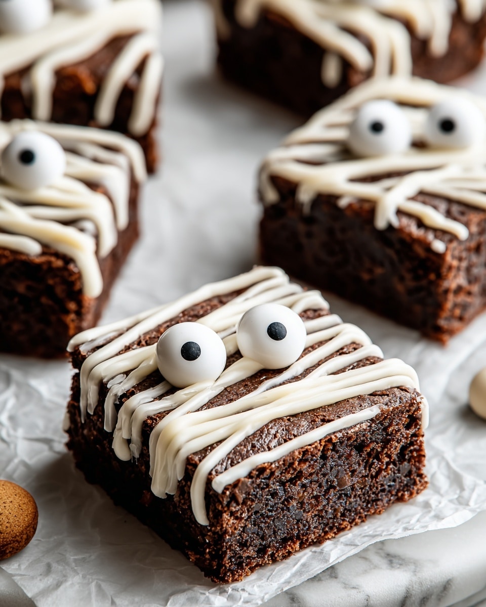The image shows several square brownie pieces arranged on slightly crumpled parchment paper over a white marbled surface. Each brownie has a dark brown, dense, and moist texture with a thin crust on top. They are decorated with white icing drizzled in messy, uneven layers across the top and sides, resembling mummy wraps. On top of each brownie, there are two candy eyes made of white circles with black centers, placed near one edge to give a playful look. The brownies vary slightly in positioning, but all face forward with clear focus on one in the front. Photo taken with an iphone --ar 4:5 --v 7