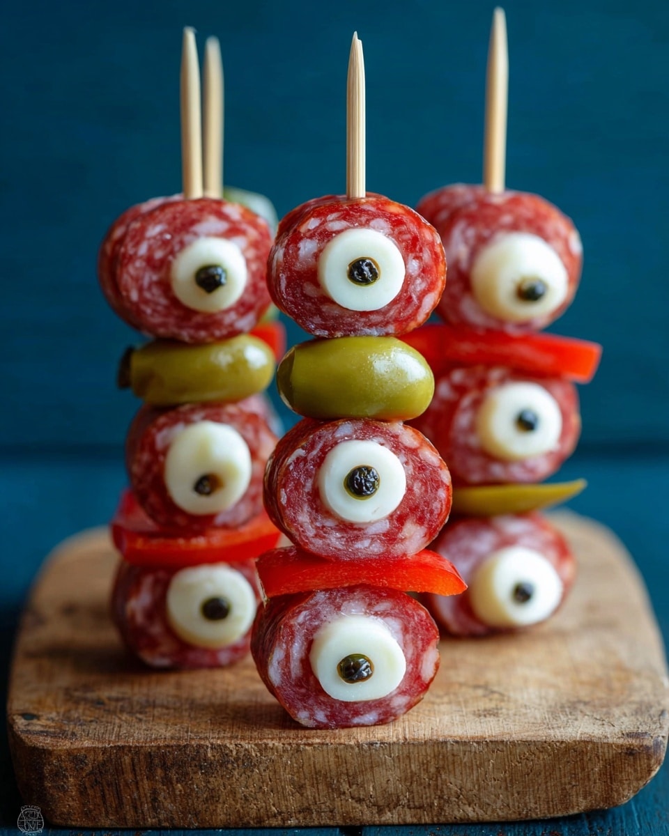 The image shows several skewers standing upright on a wooden board, each skewer has three layers. The bottom and top layers are slices of reddish salami with white fat spots. Between the salami slices, there are round white mozzarella balls with small black spots in the center, giving the look of eyeballs. A thin strip of red bell pepper and a green or black olive are placed in the middle layer on each skewer, adding color contrast. The background is a white marbled texture. The photo taken with an iphone --ar 4:5 --v 7