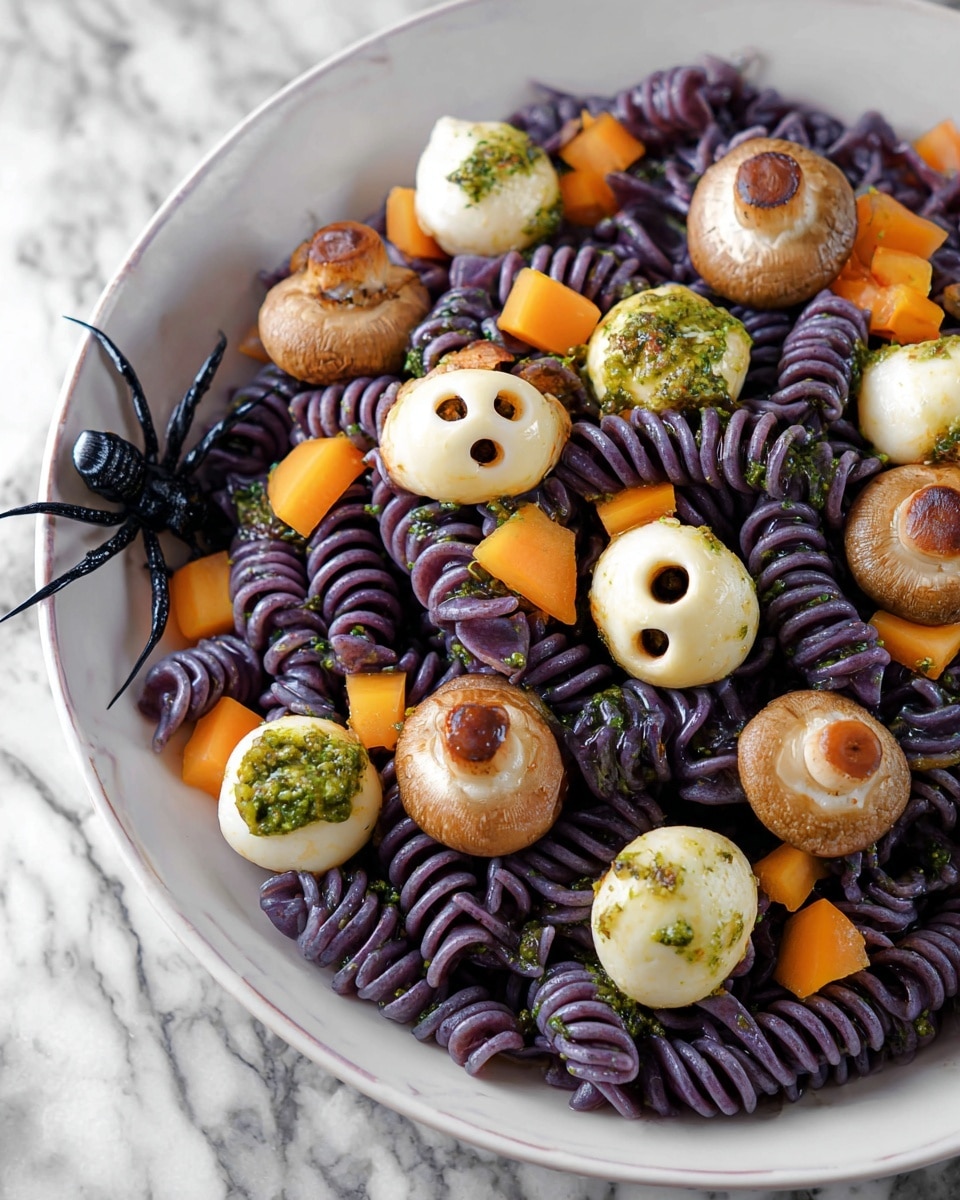 The dish is a close-up of purple spiral pasta served in a white plate. Mixed in the pasta are light brown mushroom pieces with two small holes, resembling eyes, and white round pieces that look like mozzarella balls with a green sauce and a small dark dot in the center, creating an eyeball effect. There are also small orange triangular pieces scattered throughout the pasta. A small black plastic spider is placed on top as decoration. The entire dish sits on a white marbled texture surface. photo taken with an iphone --ar 4:5 --v 7