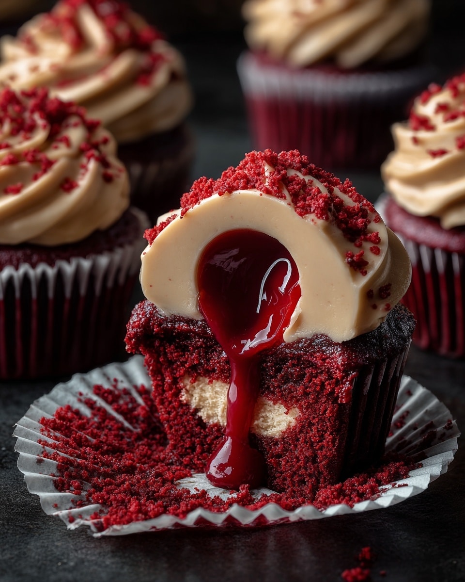A close-up of a red velvet cupcake with three main layers: the base is a dark red, moist sponge cake with a crumbly texture, the middle layer is a thick drop of shiny red syrup flowing out from the center, and the top layer is a smooth, light beige cream dome drizzled with red sauce lines and sprinkled with red crumbs. The cupcake sits half unwrapped in a white paper liner, surrounded by red crumbs scattered on a white marbled surface, with several similar cupcakes in the blurred background. Photo taken with an iphone --ar 4:5 --v 7