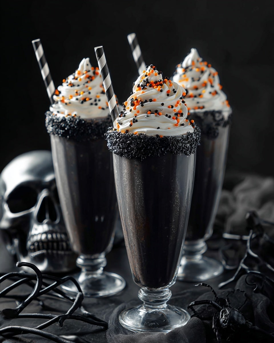 There are three tall clear glasses filled with a smooth black drink. Each glass has a thick layer of white whipped cream swirled on top, sprinkled with small orange and black round sprinkles. The rims of the glasses are covered with black sugar crystals. Black and white striped paper straws are placed in each drink, standing upright through the whipped cream. The background and surface have a dark theme with black branches and a black skull as props around the drinks. photo taken with an iphone --ar 4:5 --v 7