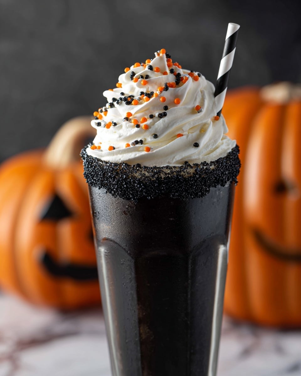 A tall black glass filled with a dark drink, topped with a large swirl of white whipped cream sprinkled with small orange and black round sprinkles, with a small black candy on top. The glass rim is coated with a rough black sugar layer. A black and white striped straw sticks out from the whipped cream. The background shows two blurred orange pumpkins with carved faces, and all sits on a white marbled surface. photo taken with an iphone --ar 4:5 --v 7
