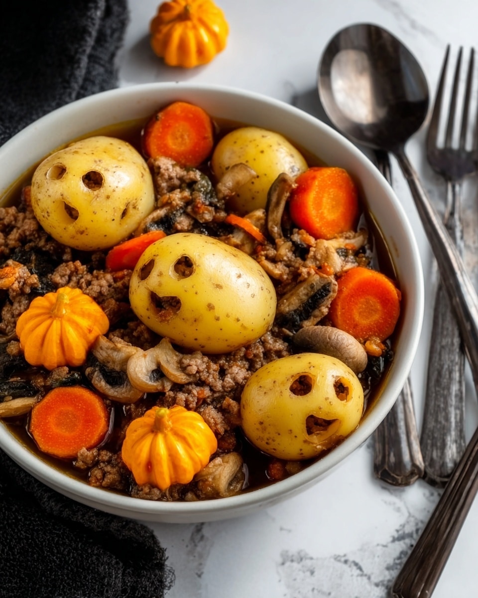 A dark gray metal ladle holds a warm stew with three light brown potatoes, each carved with two round holes resembling eyes, and two bright orange carrot slices shaped like hearts, floating lightly on top of the dark brown broth rich with small bits of cooked vegetables and ground meat. The ladle sits over a white marbled surface surrounded by white decorative pumpkins and two small ghost-shaped cutouts with black eyes. The edge of a green pot filled with the same stew is partially visible in the upper corner. photo taken with an iphone --ar 4:5 --v 7