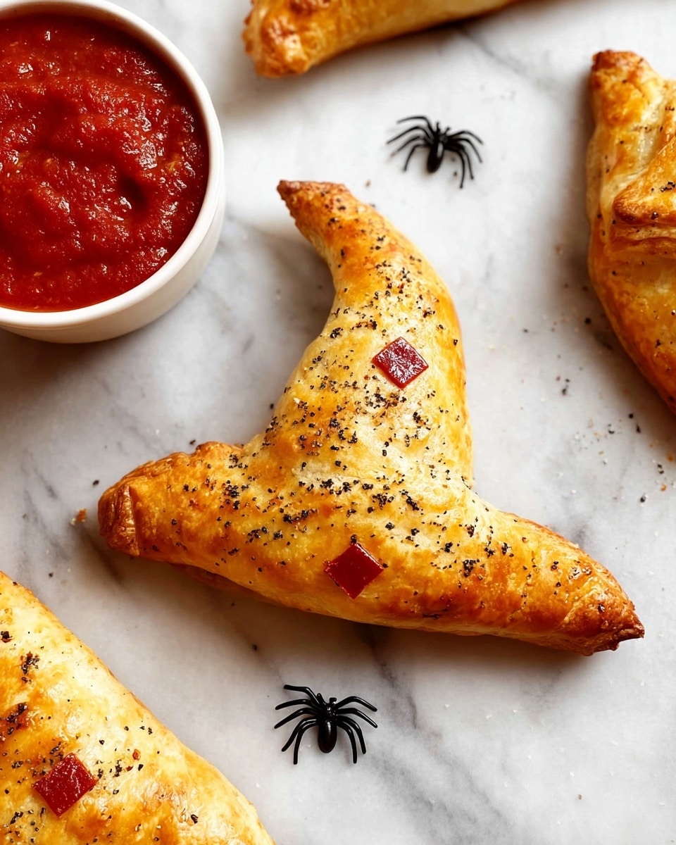 The image shows three golden-brown witch hat-shaped pastries arranged on a white marbled surface. Each pastry has small triangular red pieces at the wide base, resembling decorations or chips. The pastries have a slightly crispy and flaky texture with dark herb specks sprinkled on top. There is a small clear glass bowl filled with bright red dipping sauce placed near the pastries. Small black spider decorations are scattered around, adding a spooky touch to the scene. photo taken with an iphone --ar 4:5 --v 7