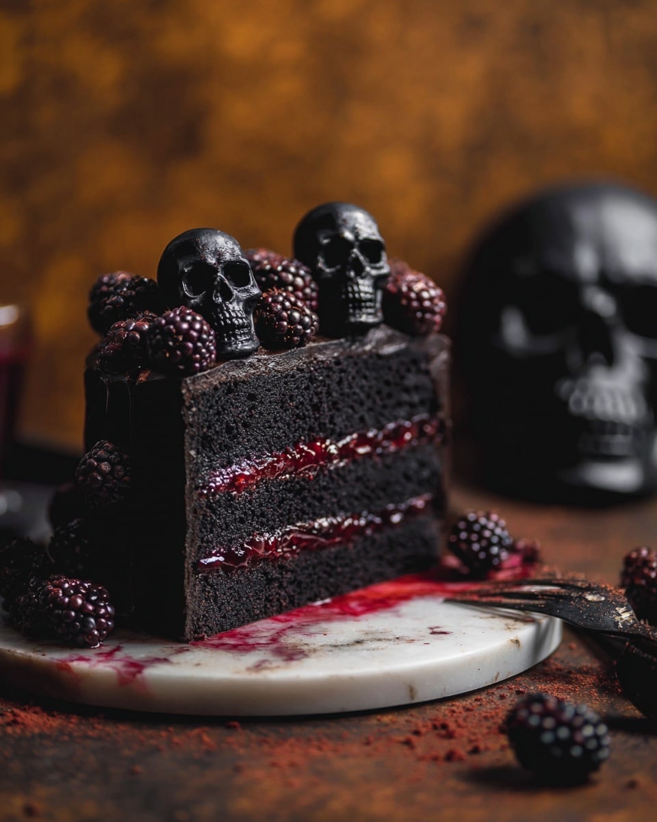 A close-up of a slice of dark chocolate cake being lifted, showing two thick layers of moist, almost black chocolate sponge with a layer of dark red berry jam in the middle, slightly shiny and textured. The cake is covered with a smooth, glossy dark chocolate frosting, decorated on top with dark chocolate truffles and fresh blackberries. The cake sits on a round metal plate against a warm brown background, with some scattered rose petals and dried buds on the wooden table below. Photo taken with an iphone --ar 4:5 --v 7