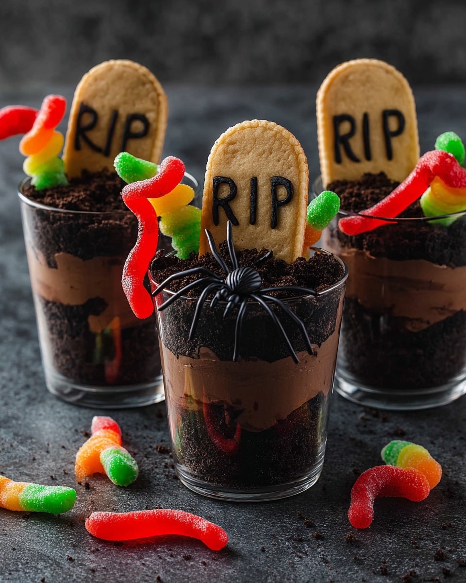Three clear glass cups each have three layers: the bottom and middle layers are dark brown crumbled cookie pieces, and the second and top layers are creamy chocolate mousse in a lighter brown shade. On the top layer, there is more crumbled cookie that looks like soil. Each cup is decorated with a light beige cookie shaped like a tombstone with