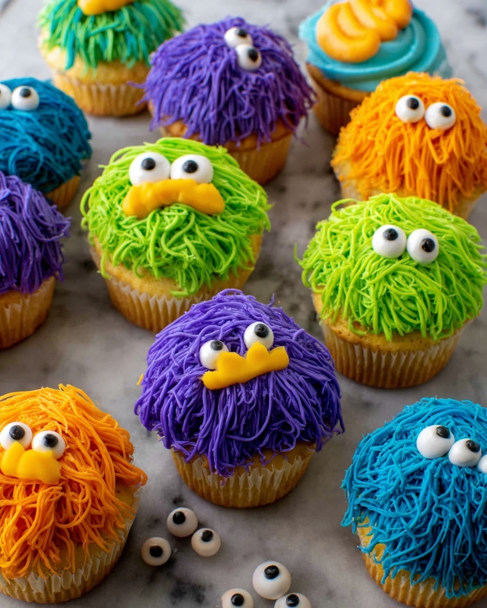 A group of yellow cupcakes is decorated with thick frosting in bright colors like purple, blue, green, and orange, each topped with two white candy eyes with black pupils. The frosting is piped in textured, curly strands to look like fuzzy monsters with some having small colored mouth details in yellow. The cupcakes are set on a white marbled surface, and a few candy eyes lay scattered around. The image is clear, close, and lively, emphasizing the playful and colorful monster designs on each cupcake photo taken with an iphone --ar 4:5 --v 7