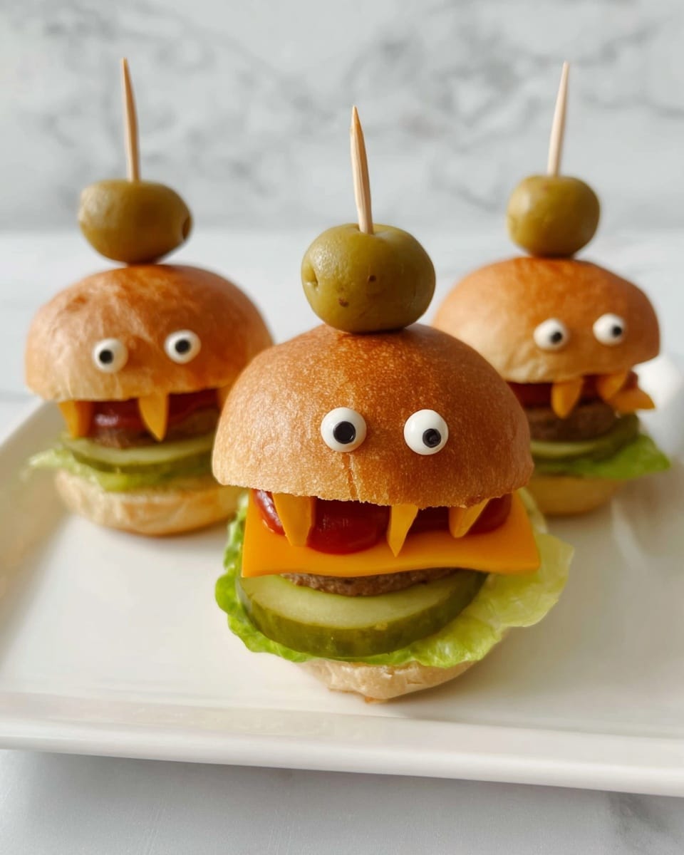 Three small sandwiches sit on a white plate with a white marbled background. Each sandwich has a soft brown bun on top with two small green olives on wooden sticks, looking like eyes. Under the bun, there is a layer of ketchup, then slices of orange cheese cut into points. Below the cheese is a piece of green lettuce and a slice of pale green pickle sticking out in front like a tongue. The sandwich bottom is a soft brown bun. Photo taken with an iphone --ar 4:5 --v 7