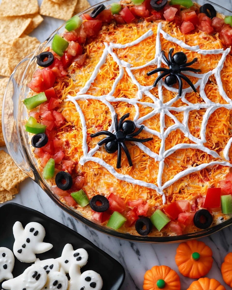 A round, clear glass dish filled with a layered dip that has a bright orange shredded cheese layer on top. On the cheese layer, white sour cream is piped in the shape of a spider web with three black plastic spiders sitting on it. Around the edge of the dish is a ring of chopped red tomatoes, black olive slices, and green bell pepper pieces. The dish is placed on a table with a white marbled surface visible at the top left, with some white and orange pumpkin-shaped crackers arranged nearby. Photo taken with an iphone --ar 4:5 --v 7