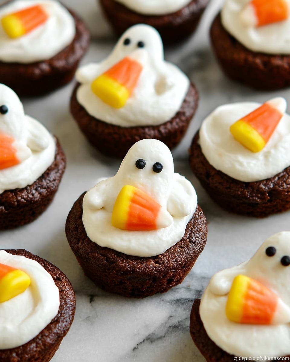 The image shows several small chocolate cupcakes arranged closely on a white marbled surface. Each cupcake has one thick layer of smooth, white frosting swirled on top. On the frosting, there is a small decoration shaped like a white ghost with two black eyes and what looks like a small candy corn held in front, which is orange, yellow, and white in color. The cupcakes have a rich, moist-looking texture with the ghost and candy corn decoration as the top layer. The photo taken with an iphone --ar 4:5 --v 7