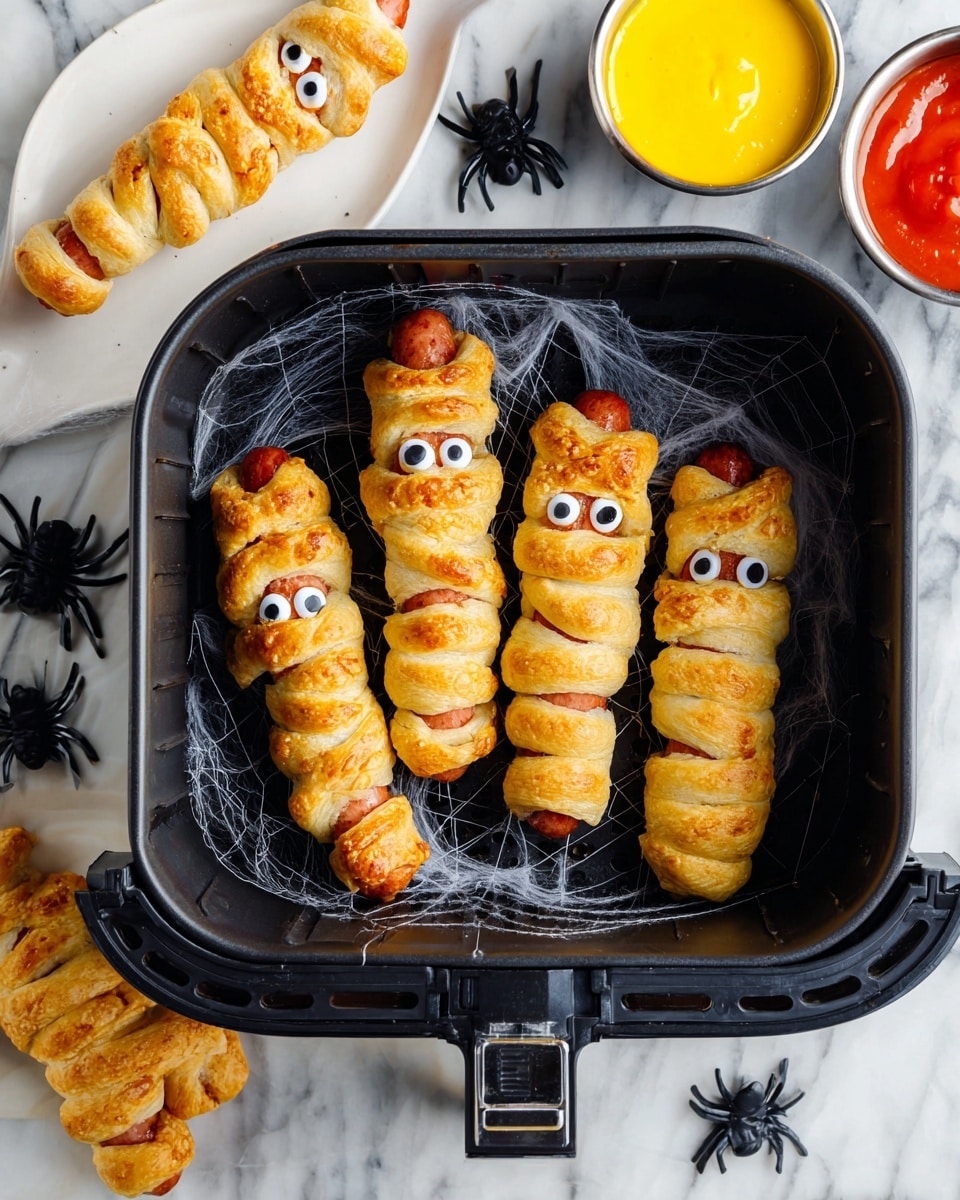 The image shows three tall, mummy-shaped snacks wrapped in golden-brown dough strips with a slightly crispy texture. Each mummy has two large, round white candy eyes with black dots placed on top of small, darker brown sausage-like centers. The dough wraps around the centers unevenly, with some edges curling outward, giving a layered and textured look. The mummies are standing upright on a white marbled surface, with the background softly blurred to keep focus on the front two mummies. The overall tone is warm and inviting, creating a playful and cute appearance for these snack mummies. photo taken with an iphone --ar 4:5 --v 7