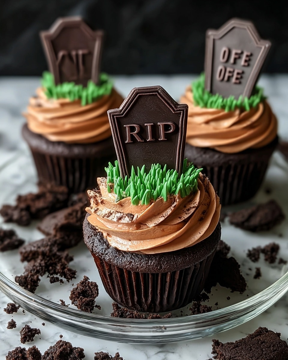 Three chocolate cupcakes are shown on a white marbled surface, each with a dark brown base. Each cupcake has one layer of smooth, swirled orange-brown frosting on top. On top of the frosting is a small pile of green sprinkles that look like grass. A dark chocolate tombstone-shaped piece stands in the middle of each cupcake, with carved writing that looks like