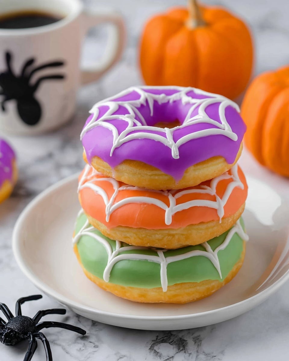 Six colorful donuts sit on a gold wire cooling rack placed on a white marbled surface. The donuts come in three colors: bright green, pastel purple, and bright orange, each topped with white icing shaped like spider webs. The donuts are arranged in two neat rows of three, alternating colors. Around the rack are small bowls of orange and black sprinkles, a glass of milk, and Halloween decorations feature small black spiders and black bat shapes scattered on the white marbled surface. A woman’s hand holds a black plastic snake near the top left donut. Photo taken with an iphone --ar 4:5 --v 7