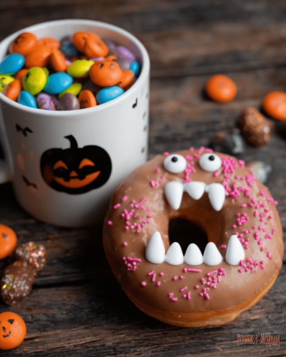 A chocolate frosted donut with two white candy eyes with black pupils is decorated to look like a monster face. The donut's chocolate icing is topped with pink sugar crystals scattered mainly on the left side and near the mouth area. The mouth is made with white icing shaped into four sharp teeth, two on the top and two on the bottom, while the open space in the middle shows the donut base. The donut sits on a dark wood surface scattered with colorful small round candies in green, orange, and pink, along with a few star-shaped sprinkles. The background features another similarly frosted donut partially visible at the top edge. Photo taken with an iphone --ar 4:5 --v 7
