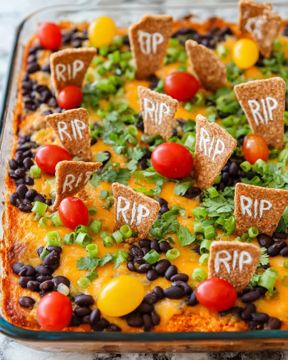 A close-up view of a layered dip in a clear rectangular glass dish shows a bright orange layer as the base, topped with green chopped onions and cilantro sprinkled all over. Black beans are grouped on top of the dip in small piles, adding a dark contrast. Several flat, brown tortilla chips are placed vertically in the dip, each having white cream writing on them; the closest chip shows the letters