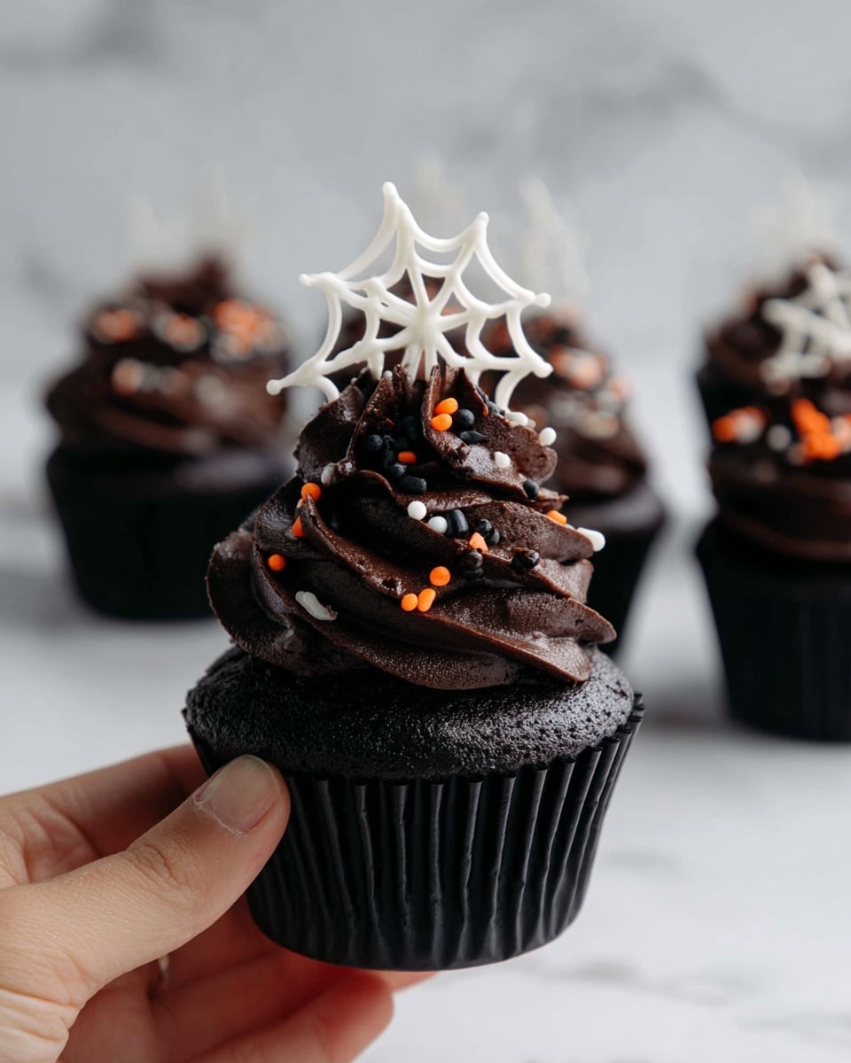 A close-up of a black cupcake held by a woman's hand, with two main layers visible: the black cupcake base inside a black paper liner and a thick swirl of dark chocolate frosting on top, textured with ruffled peaks. The frosting is decorated with small orange, white, and black sprinkles, as well as a small white pearl-like candy. At the peak of the frosting, there is a white chocolate decoration shaped like a spider web, standing upright. In the blurred background, multiple similar black cupcakes with dark chocolate frosting and orange accents are arranged on a white marbled surface. photo taken with an iphone --ar 4:5 --v 7