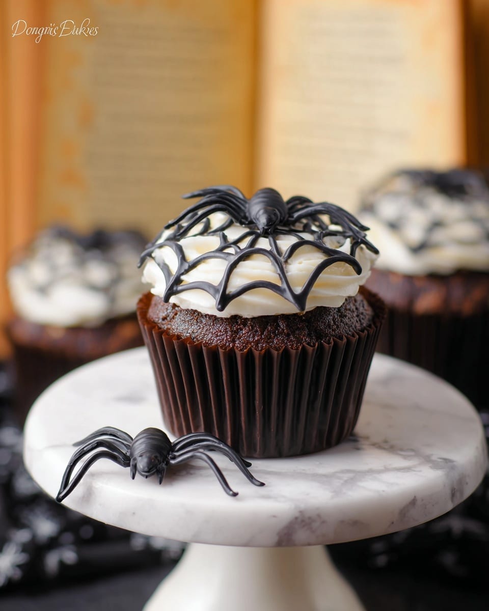 A single dark chocolate cupcake in a black paper cup sits on a small white plate with a dotted edge, placed on a white marbled surface. The cupcake has two main layers: a thick lower chocolate cake layer with a dense texture and a thick top layer of white creamy frosting. Over the frosting, there is a smooth, dark chocolate layer with white gooey web-like streaks dripping down the sides. On top of the cupcake sits a small black plastic spider, and another identical spider is placed on the plate beside the cupcake. In the background, there is a blurred open book with yellowed pages. Photo taken with an iphone --ar 4:5 --v 7