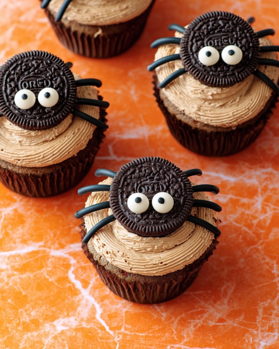 Four cupcakes are shown on an orange marbled surface, each topped with swirled light brown frosting. On top of each cupcake is a whole Oreo cookie placed flat. Around the Oreo cookies, black icing is piped to look like spider legs, with three legs on each side. Below each Oreo, two white candy eyes with green dots in the center are placed, making the cupcakes look like little spiders. The texture of the frosting has fine ridges from piping, and the whole scene is brightly lit with a clear focus on the cupcakes photo taken with an iphone --ar 4:5 --v 7