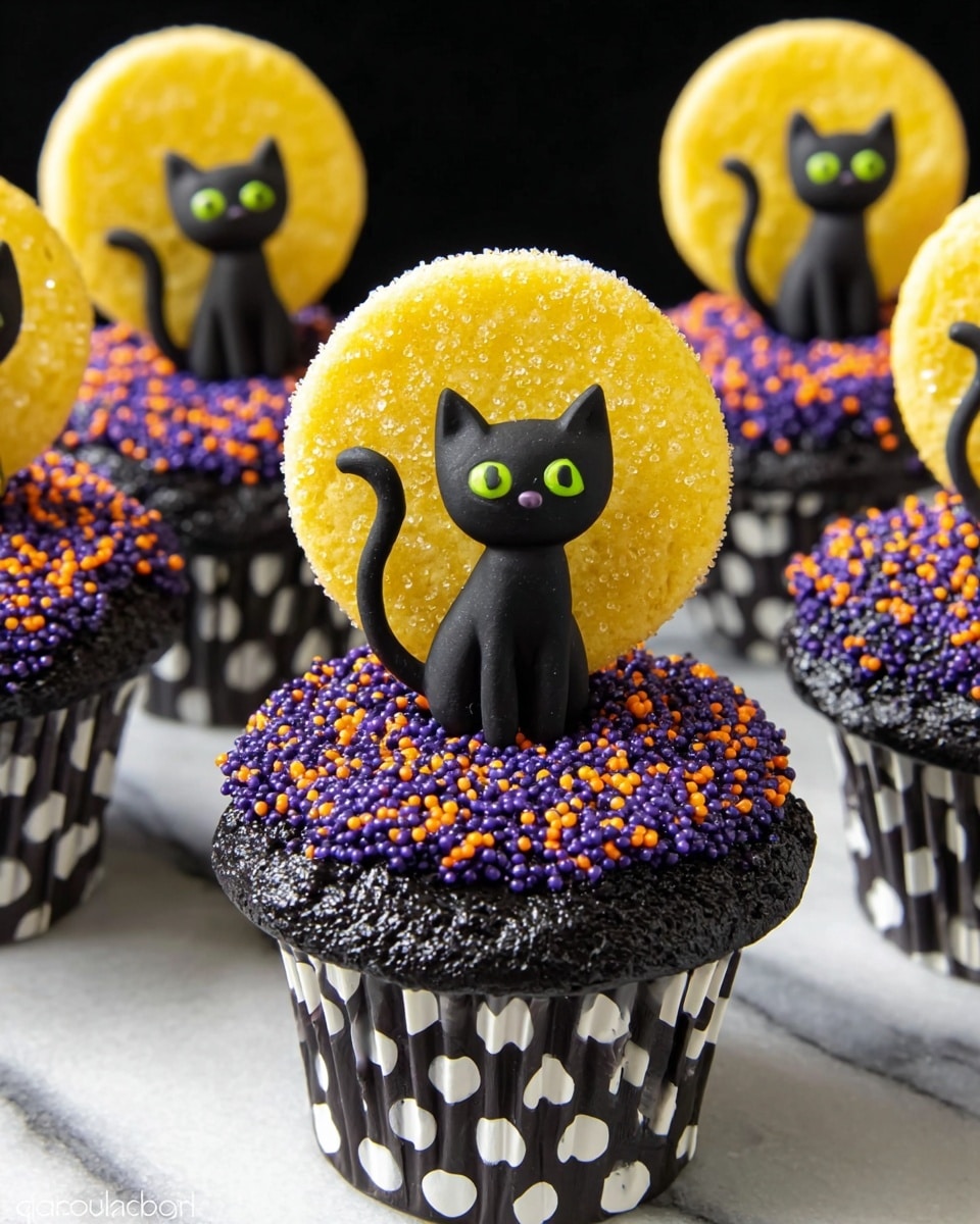 The image shows several cupcakes with black and white polka dot wrappers, each topped with a thick layer of dark purple and black sugar sprinkles that create a rough texture. Sticking out from the center of each cupcake is a small black cat figure with yellow eyes, positioned in front of a bright yellow round cookie that looks like a full moon. The cupcakes are arranged closely together on a white marbled surface, and the background is dark, making the yellow moons and black cats stand out vividly. photo taken with an iphone --ar 4:5 --v 7
