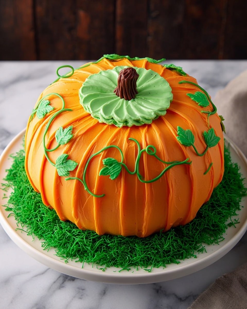 The dish is a round cake shaped like a pumpkin with a smooth, ridged layer of bright orange frosting covering the whole top and sides. In the center, there is a small green cylindrical shape made of frosting, representing the pumpkin's stem. Curly green frosting vines and two leaf shapes decorate the top, trailing out from the stem and curling around the pumpkin. The cake sits on a bed of finely shredded green coconut or similar garnish that looks like grass, all placed on a white plate. The background is a white marbled surface, and a knife with a brown handle lies beside the plate. photo taken with an iphone --ar 4:5 --v 7