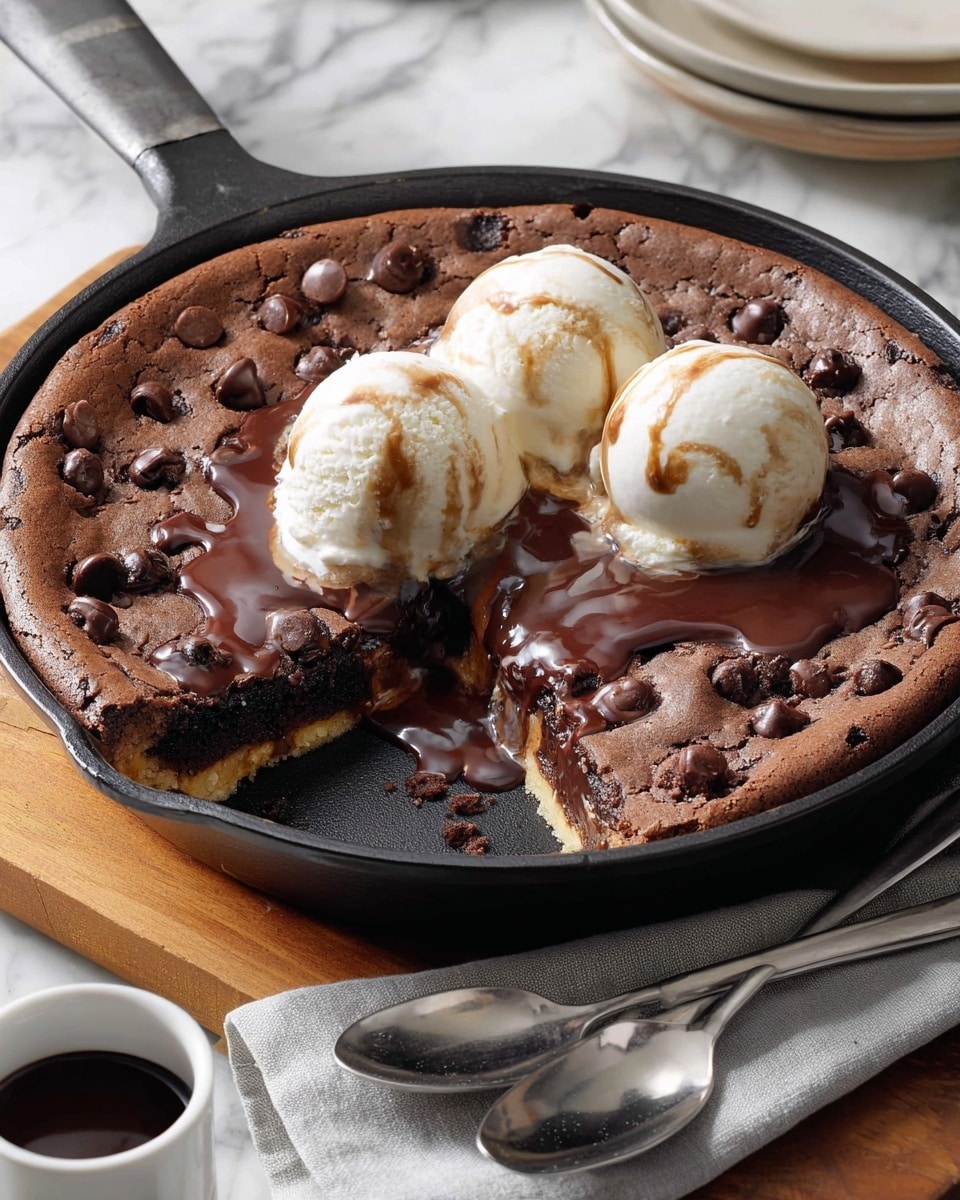 A round skillet holds a thick chocolate cookie base dotted with dark chocolate chips, with a piece missing to show a middle layer of lighter tan cookie dough. On top, three scoops of creamy white vanilla ice cream sit side by side, melting slightly and surrounded by pools of shiny, dark chocolate sauce drizzled over the cookie surface. The skillet sits on a wooden board with a cloth napkin and two spoons nearby, all placed on a white marbled surface. photo taken with an iphone --ar 4:5 --v 7