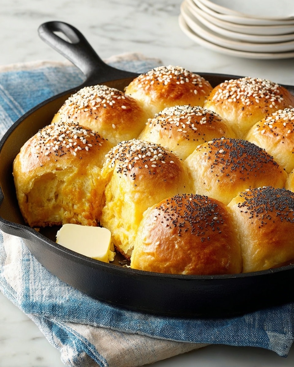 The image shows a black cast iron pan with a total of twelve golden brown bread rolls inside, arranged closely in three rows of four. Each roll has a shiny, slightly toasted surface, with some topped with white sesame seeds and others with black poppy seeds, giving a mix of textures. One roll near the front left has been pulled apart slightly, revealing soft, fluffy, yellow-orange dough inside with a splash of melted butter sliding down its side. The pan rests on a blue and white striped cloth, all placed on a white marbled surface. photo taken with an iphone --ar 4:5 --v 7