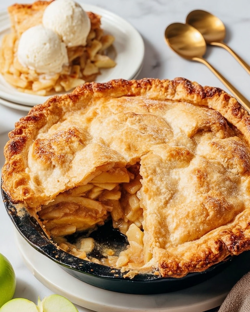 The image shows a round apple pie with a golden, crumbly top crust that is slightly browned and sugar-sprinkled. One slice is removed, revealing layers inside: a thick, light brown layer of cooked apple pieces with a soft texture resting above a dark, glossy layer at the pie's base. The pie is in a dark baking pan placed on a white marble surface. Behind the pie, there is a white plate with a slice of the same pie topped with a scoop of off-white ice cream, and nearby are green apple slices. Photo taken with an iphone --ar 4:5 --v 7