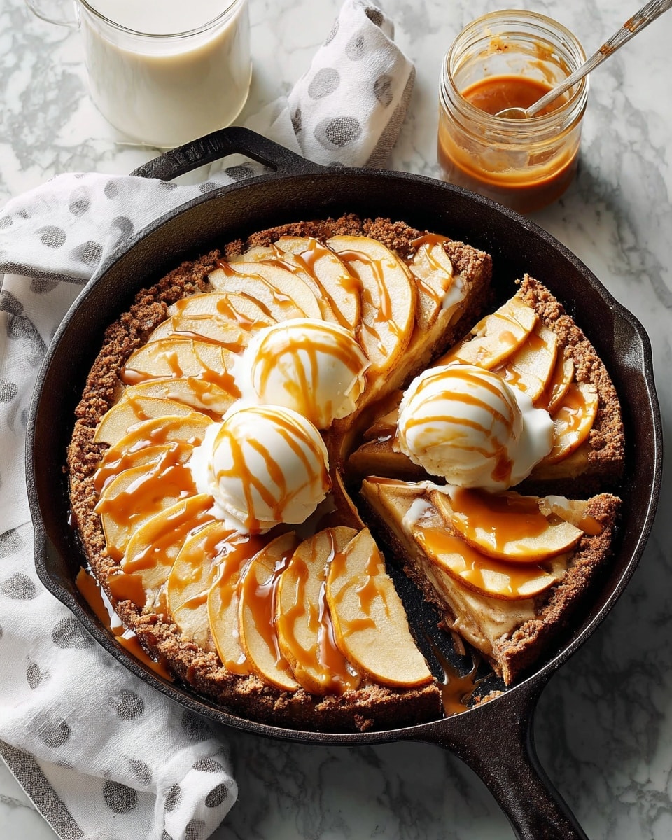 A round apple tart with three layers sits in a black cast iron skillet on a white marbled surface. The bottom layer is a dark brown crust, the middle layer is a light brown filling, and the top layer consists of thin, light beige apple slices arranged in a circular pattern. Three scoops of white ice cream with smooth texture sit in the center of the tart, drizzled with caramel sauce which is also spread lightly over the apple slices. Two slices of the tart are cut and slightly pulled out, showing the layers clearly. A jar of caramel sauce and a glass of milk are placed blurred in the background. photo taken with an iphone --ar 4:5 --v 7
