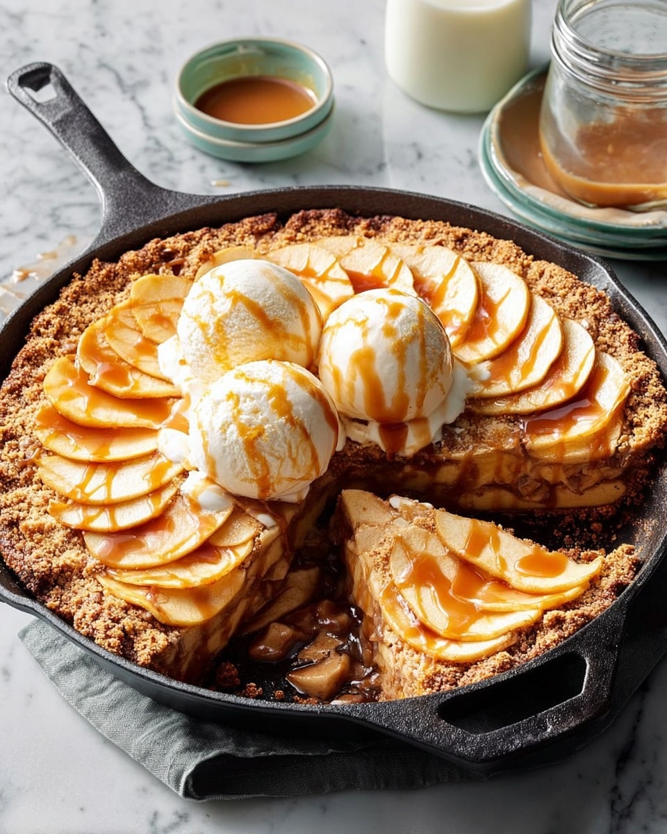 A round apple dessert is shown in a black skillet on a white marbled surface, with two slices already cut and pulled slightly away. The bottom layer is a light brown crust, topped with thin, pale cream apple slices arranged in overlapping rows covering the entire surface. On top of the apples are three scoops of white ice cream placed near the center, each drizzled with light brown caramel sauce. The whole dessert is also lightly drizzled with the same caramel sauce, adding a shiny texture. A white and grey polka dot cloth is beside the skillet, with small glass containers holding more caramel sauce and cream in the background. Photo taken with an iphone --ar 4:5 --v 7