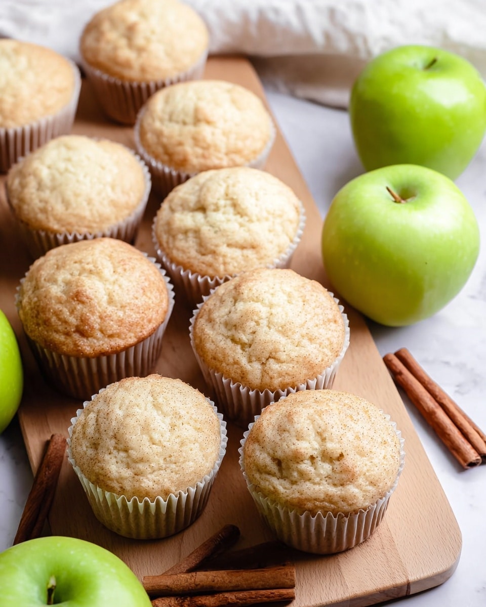 A group of ten light golden yellow muffins with slightly rough, soft tops in white paper liners, arranged closely on a round wooden board placed on a white marbled surface. Behind the muffins are two bright green apples and two cinnamon sticks laying crossed. A red and white patterned cloth peeks from the left side of the image. The lighting is soft, making the muffins look fresh and fluffy. Photo taken with an iphone --ar 4:5 --v 7