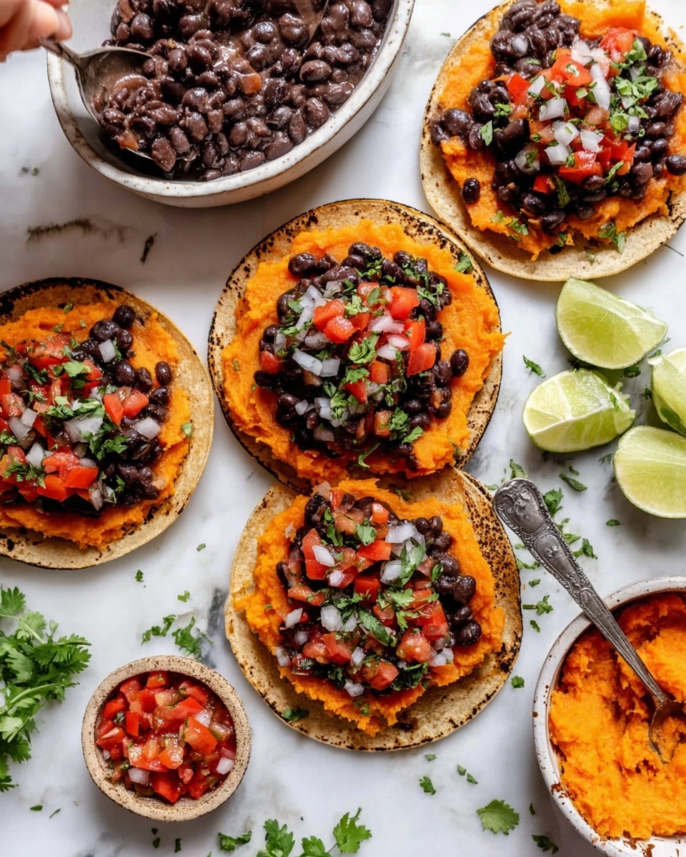 Three soft yellow corn tortillas are placed folded on a white plate with blue stripes, each layered with a bottom spread of black beans that look smooth and creamy. Above the beans, there are bright orange roasted sweet potato cubes with a slightly crispy texture, topped with a spoonful of red chunky salsa. On each taco, there are green slices of fresh avocado and scattered white crumbly cheese pieces, sprinkled with green pumpkin seeds and fresh cilantro leaves. A wedge of lime rests near the edge of the plate, which sits on a white marbled surface with other dishes partially visible around. Photo taken with an iphone --ar 4:5 --v 7
